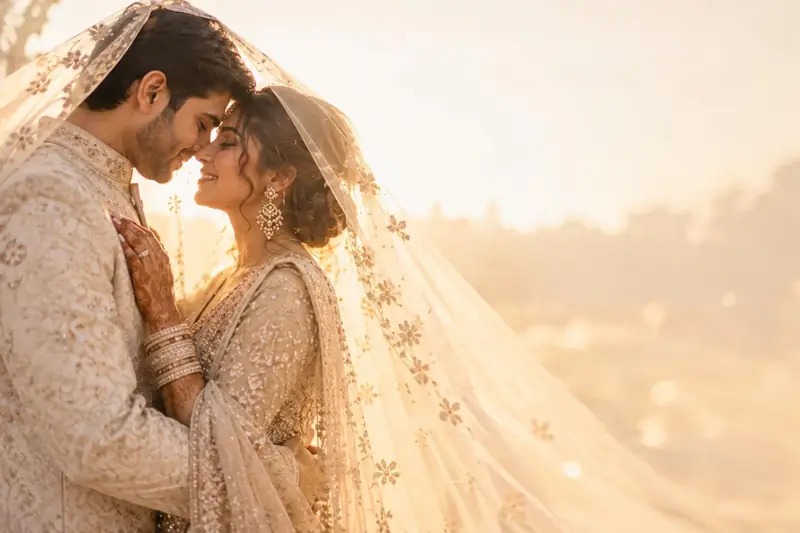 A couple with foreheads touching under a sheer ivory veil