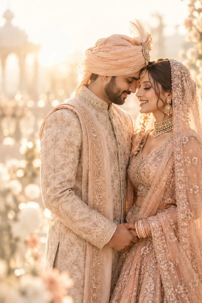 A bride and groom in blush wedding outfits resting their foreheads together at sunset