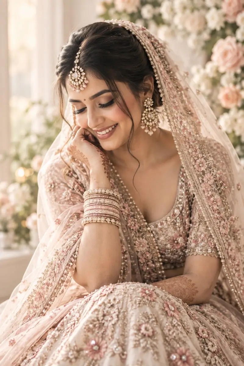 A smiling bride in a blush pink lehenga