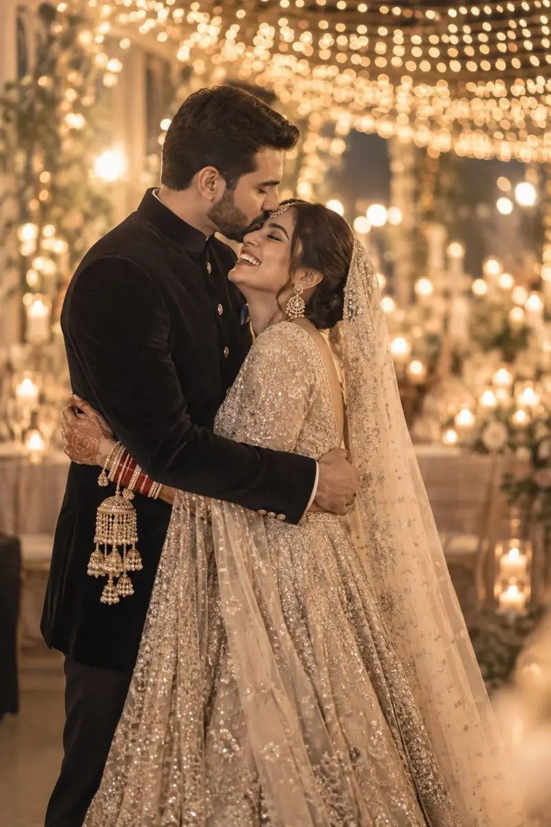 A couple embracing under warm fairy lights at their reception